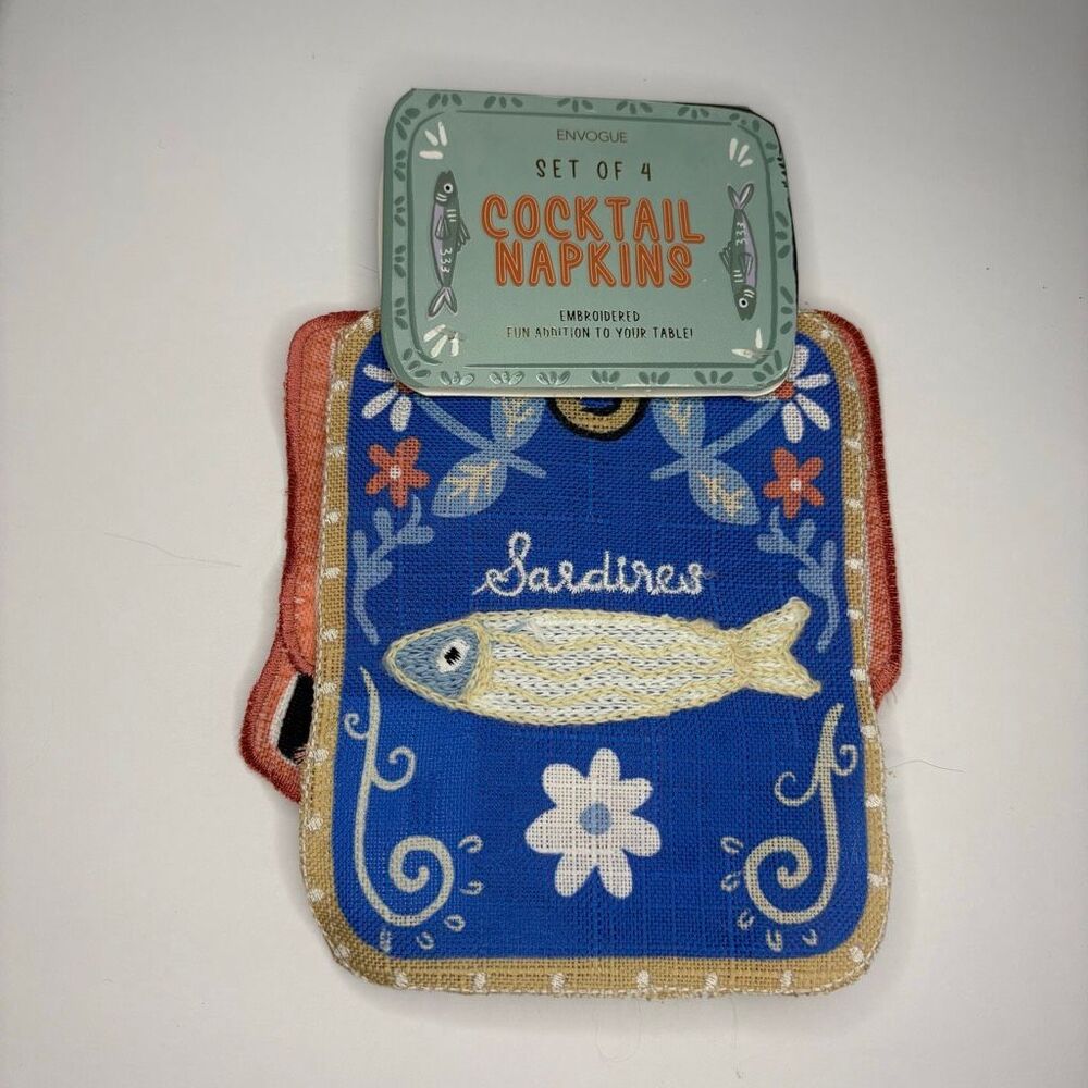 Envogue Set of 4 Cocktail Napkins Embroidered Sardines Anchovies NWT